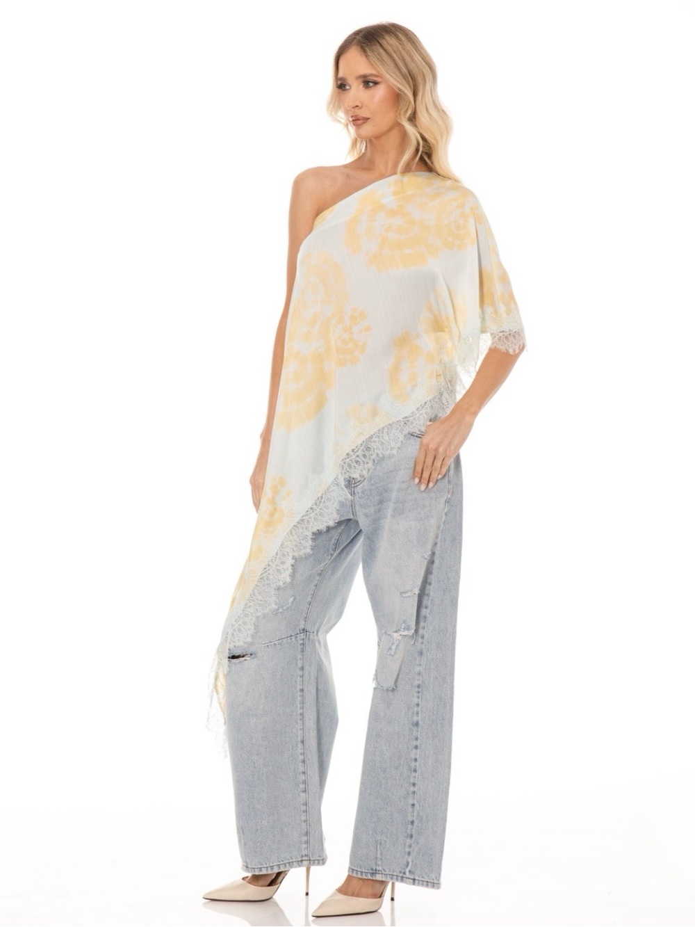One-Shoulder Blush Mirage Lace-Trim Asymmetrical Light Blue Draped Top